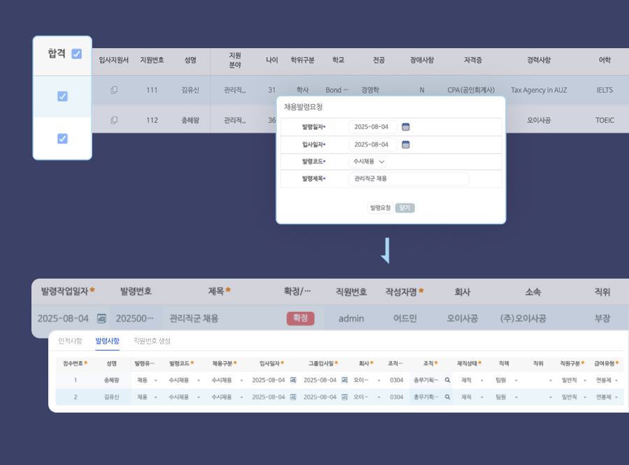 채용관리, 채용발령, 입사